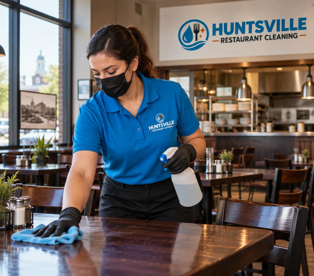 Professional cleaner sanitizing high-touch surfaces in a restaurant dining area