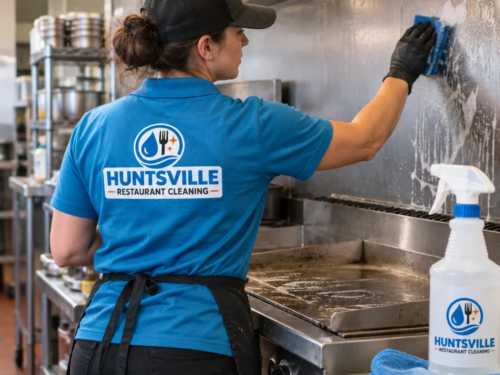 Cleaner scrubbing and degreasing a stainless commercial kitchen prep area