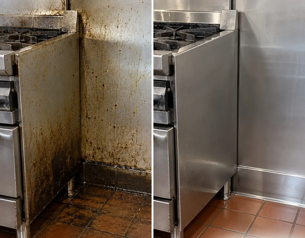 Before-and-after comparison of grease buildup and cleaned stainless on a commercial cook line