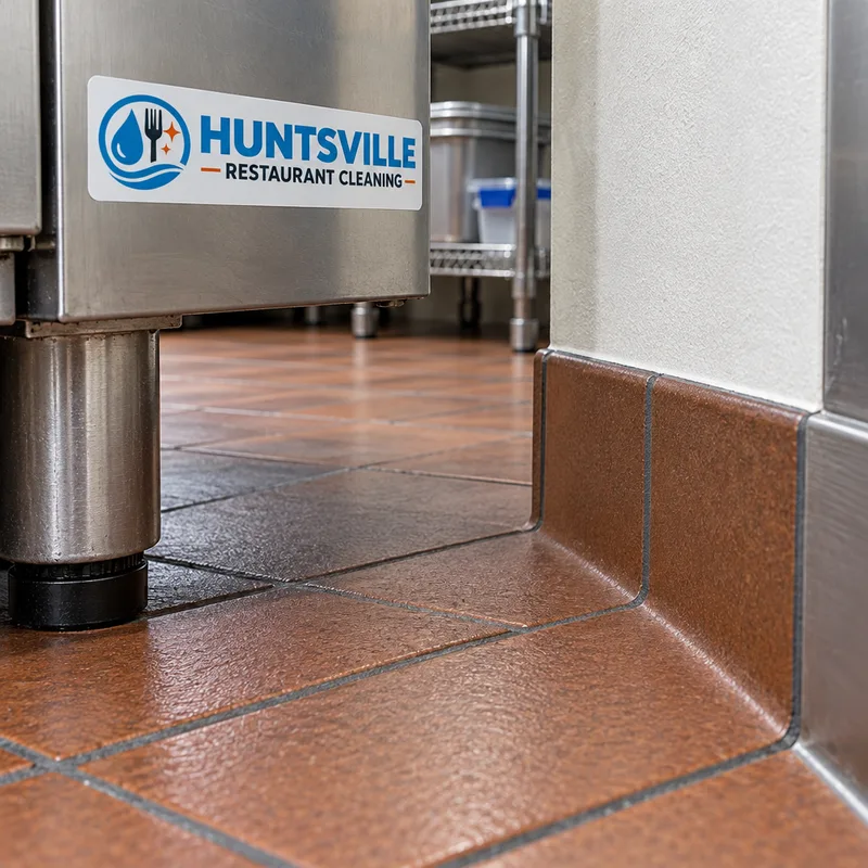 Clean commercial floor corner and cove base behind kitchen equipment