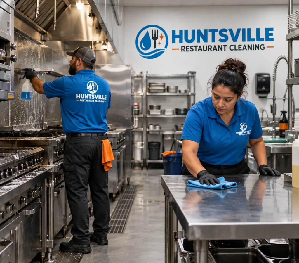 After-hours cleaner wiping stainless prep tables and degreasing a commercial cook line