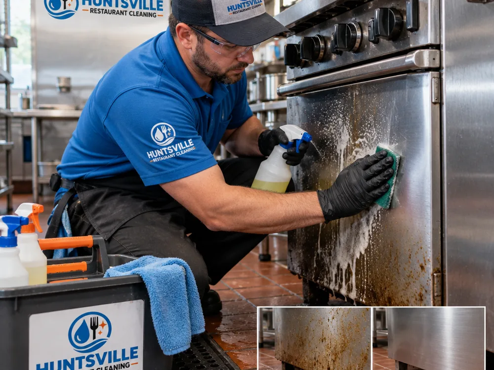 Technician detailing the greasy side panel and kick plate of a commercial range