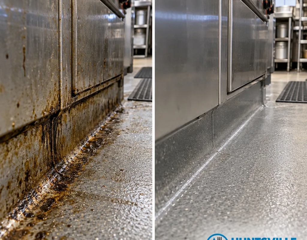 Before-and-after view of a cook line floor edge and cove base with grease buildup removed