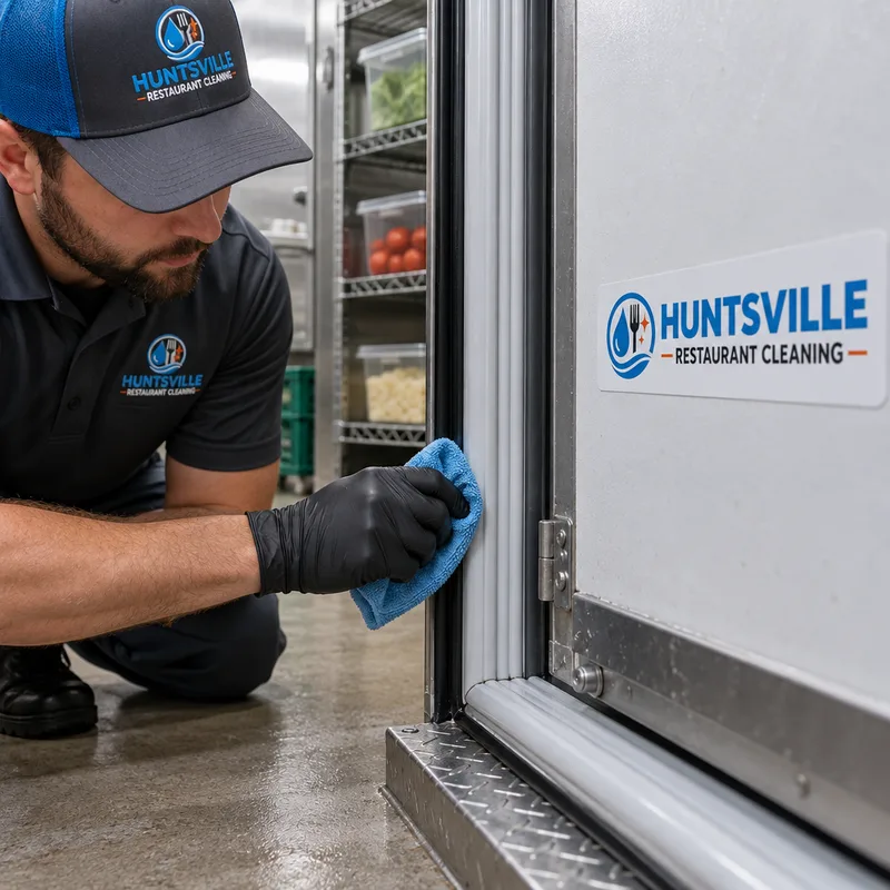 Cleaned walk-in cooler door gasket and threshold with grime removed and no standing water