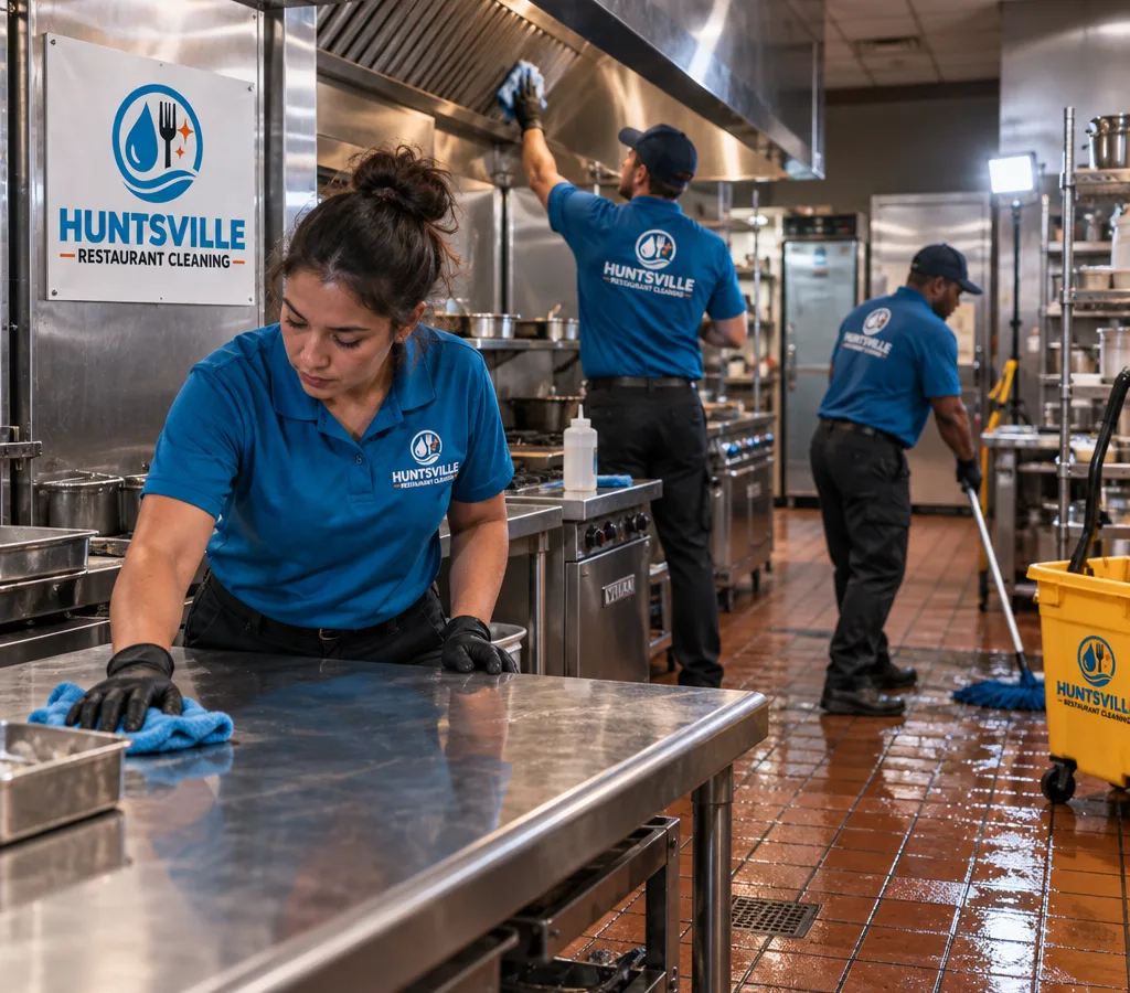 After-hours cleaners detailing stainless prep tables, the hood area, and tiled floors in a Huntsville commercial kitchen