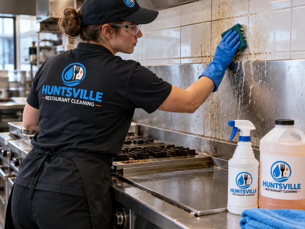 Cleaner in PPE scrubbing greasy wall tile and stainless backsplash behind a cook line