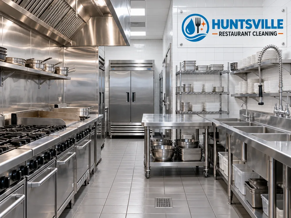 Restaurant kitchen after deep cleaning with streak-free stainless, clean tile walls, and clean floors
