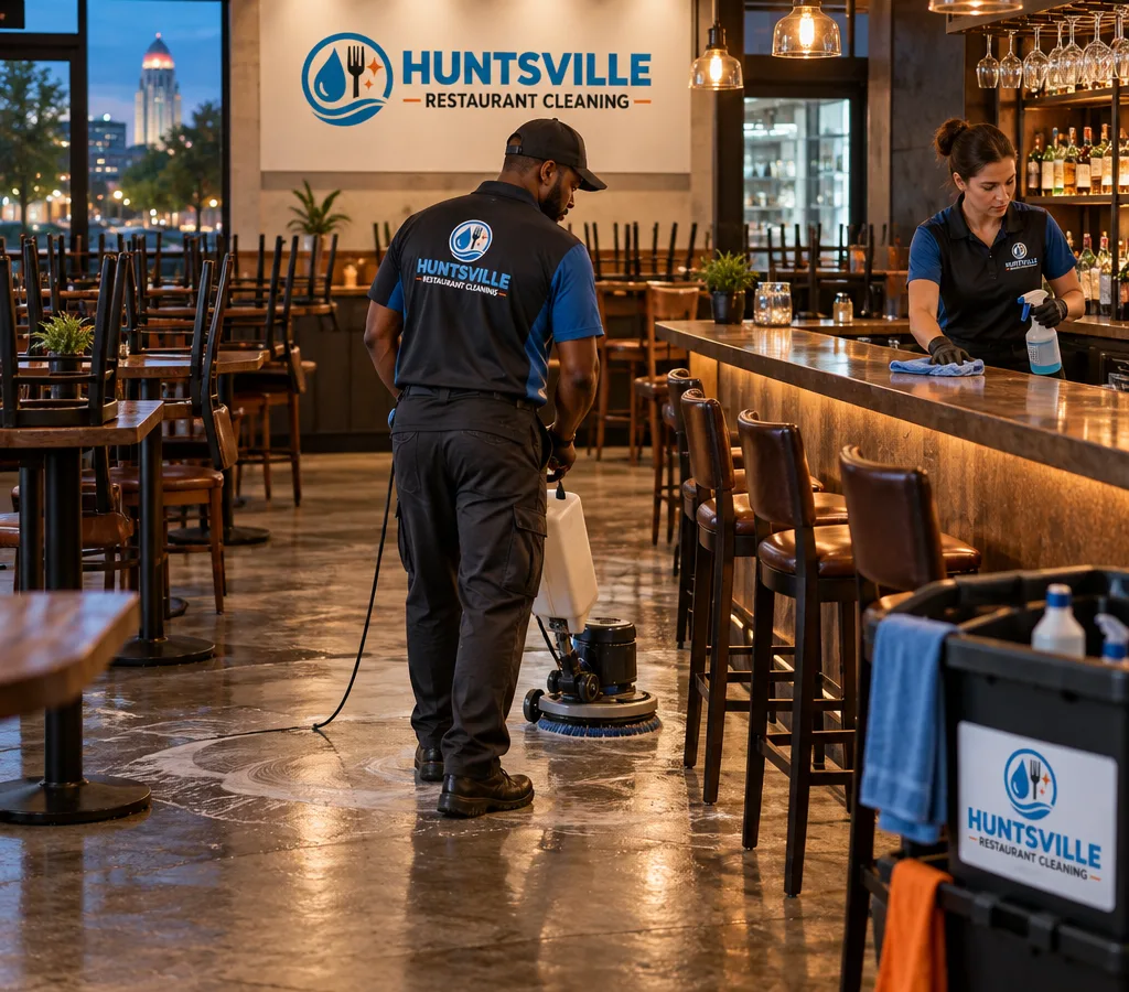 After-hours restaurant front-of-house cleaning with staged tables, detailed floors, and a bar area being wiped down