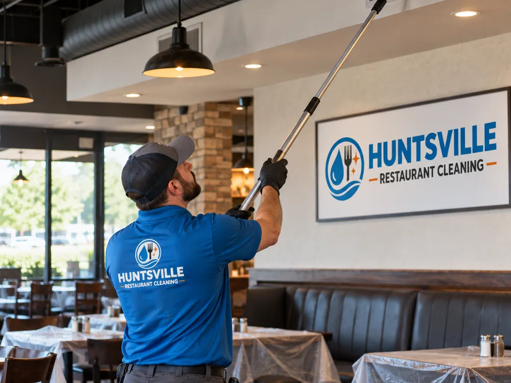 Cleaner using an extension pole to high-dust vents and ledges in a staged restaurant dining room