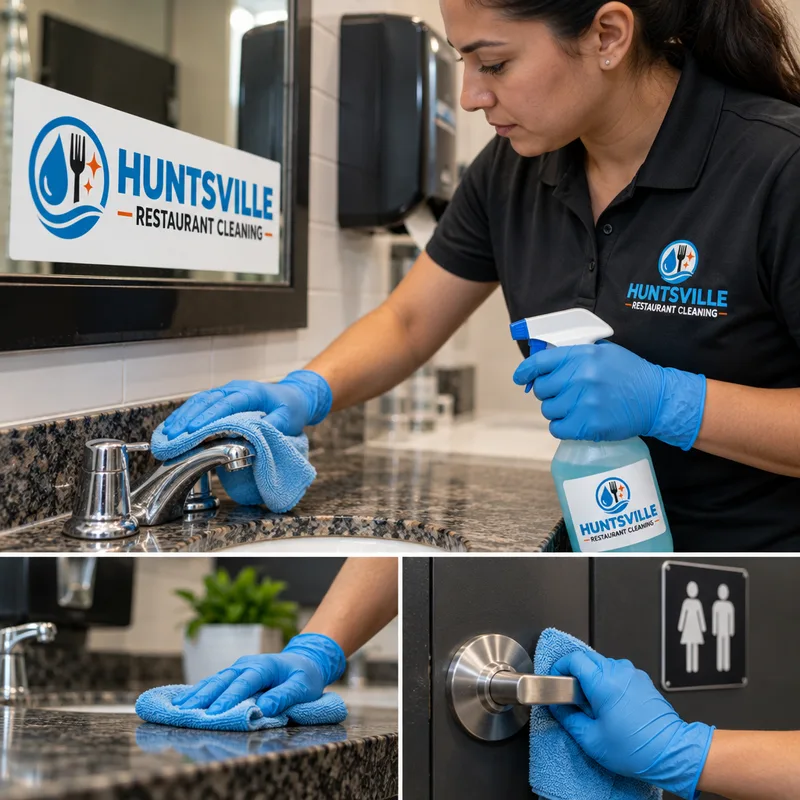 Cleaner disinfecting restaurant restroom touchpoints with labeled disinfectant and microfiber cloths