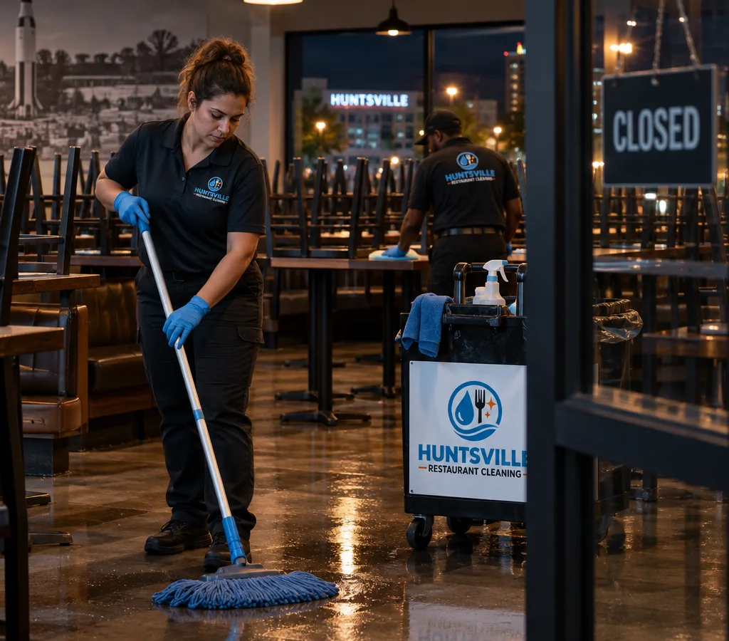 Night janitorial crew cleaning a closed restaurant dining room after hours