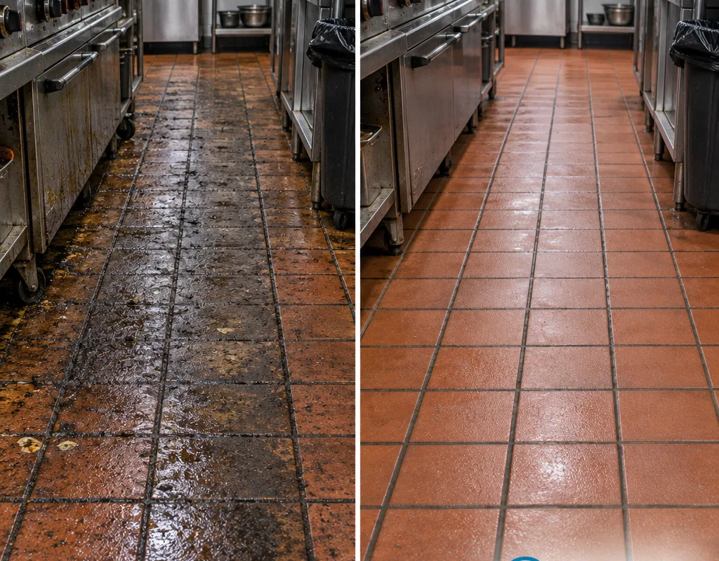 Before-and-after view of a greasy quarry tile cook-line traffic lane after degreasing and extraction