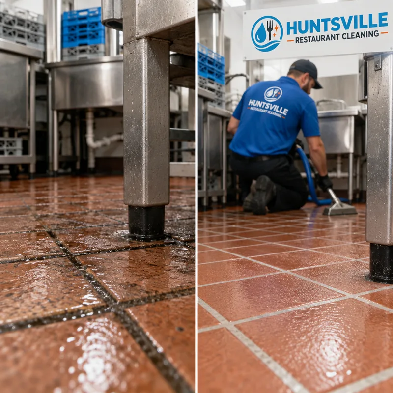 Restored grout definition at a dish station after grout-line scrubbing and rinse extraction