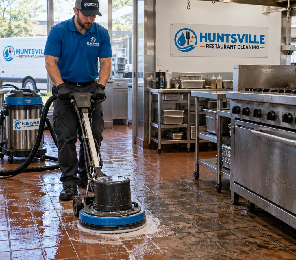 Technician cleaning a commercial kitchen quarry tile floor with a rotary scrubber and wet vac, showing degreased and untouched areas