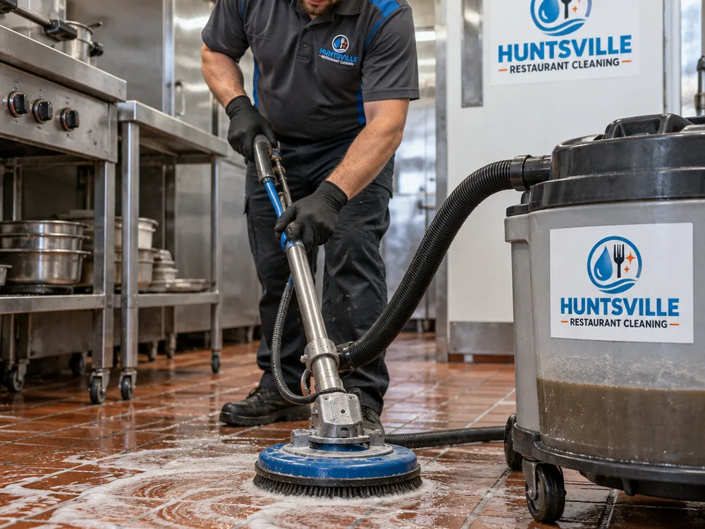 Foamed degreaser and rotary brush cleaning quarry tile and grout with extracted solution collected in a recovery tank