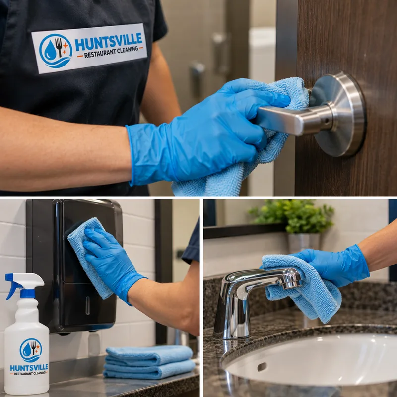 Gloved hand disinfecting restroom door handle, dispenser, and sink faucet
