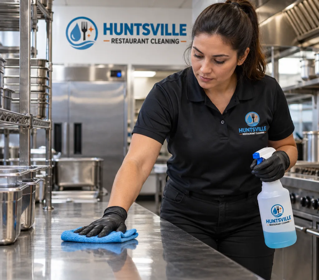 Professional cleaner wiping stainless prep tables and food-contact surfaces in a commercial kitchen after close