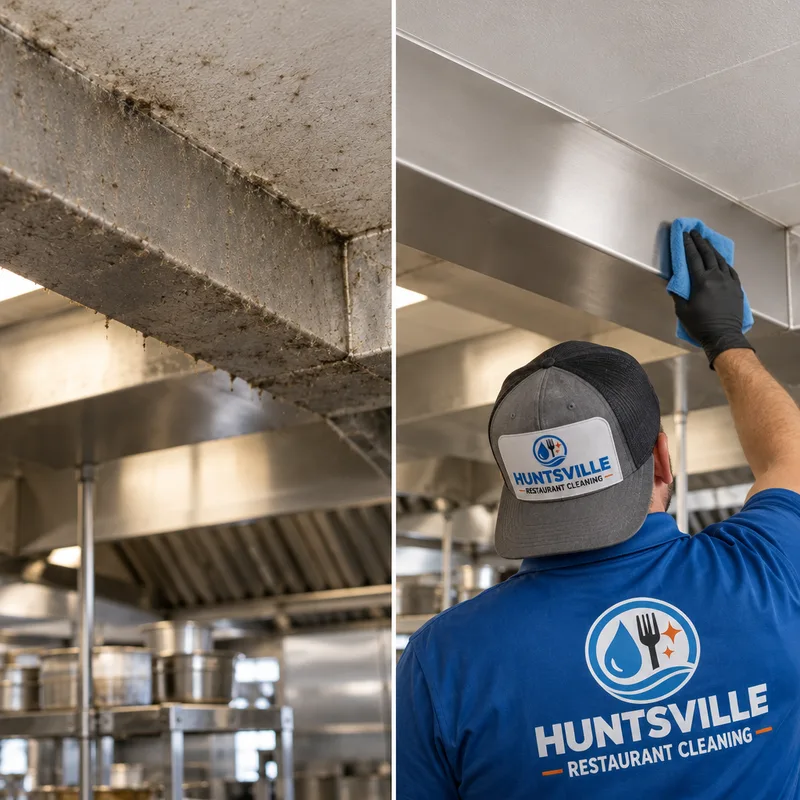 Before-and-after view of dust removed from an overhead beam and ceiling corner in a commercial kitchen