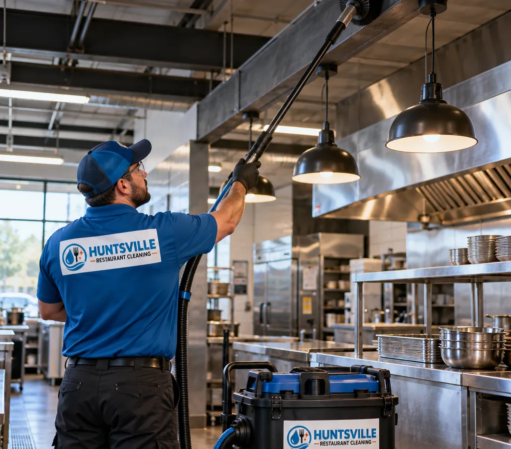 Technician using an extension pole and vacuum capture to high dust overhead beams and fixtures in a restaurant kitchen