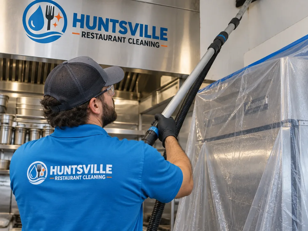 Technician cleaning a high wall ledge and ceiling corner above protected stainless equipment