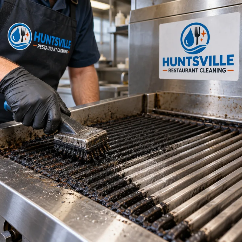 Carbon buildup being safely removed from a commercial charbroiler grate and surrounding stainless ledge