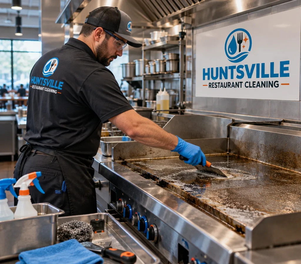 Technician cleaning a commercial flat-top grill and surrounding stainless surfaces with degreasing tools and safety PPE