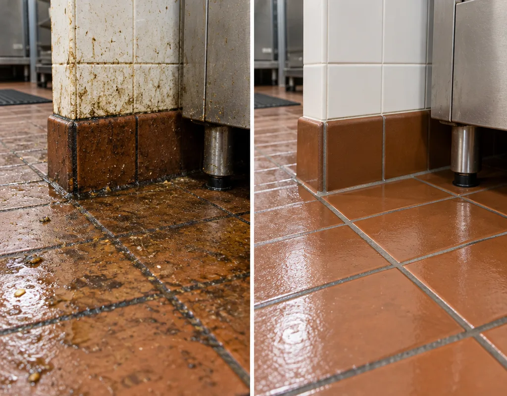 Before-and-after comparison of a greasy commercial kitchen floor edge and restored grout lines