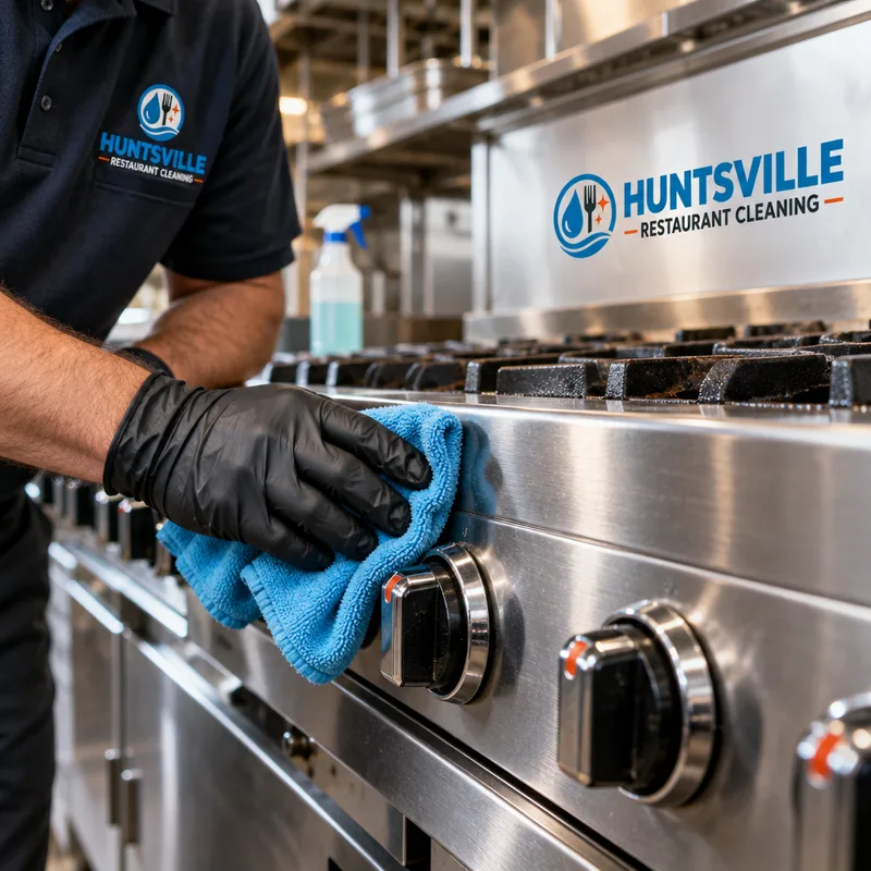 Cleaned stainless steel cook line with a streak-free finish and wiped-down knobs