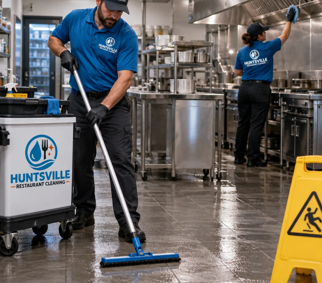 After-hours commercial kitchen cleaning in a working restaurant with a freshly cleaned stainless prep line, hood area, floors, and caution signage