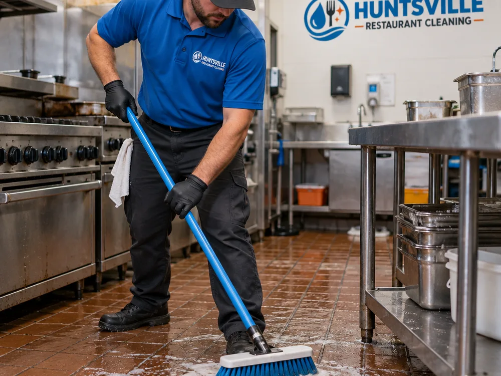 Technician scrubbing a commercial kitchen floor with a deck brush near a floor drain and stainless equipment