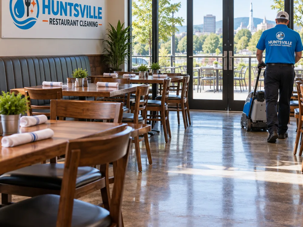Freshly cleaned dining area with reset chairs, dry floors, and spot-free glass doors ready for opening