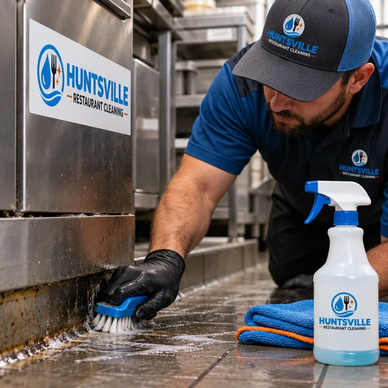 Technician scrubbing grease buildup at a stainless unit and coved commercial kitchen floor edge