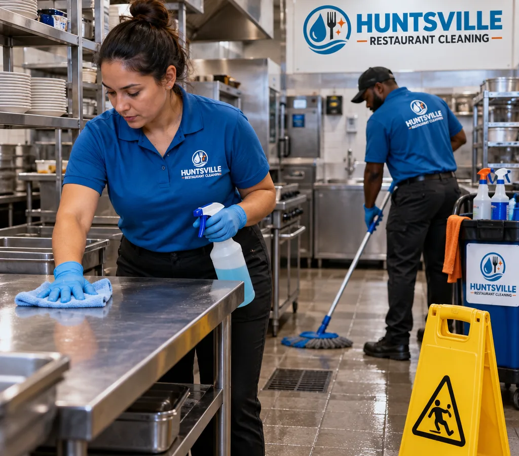 After-hours restaurant cleaners wiping stainless prep tables and mopping a commercial kitchen floor