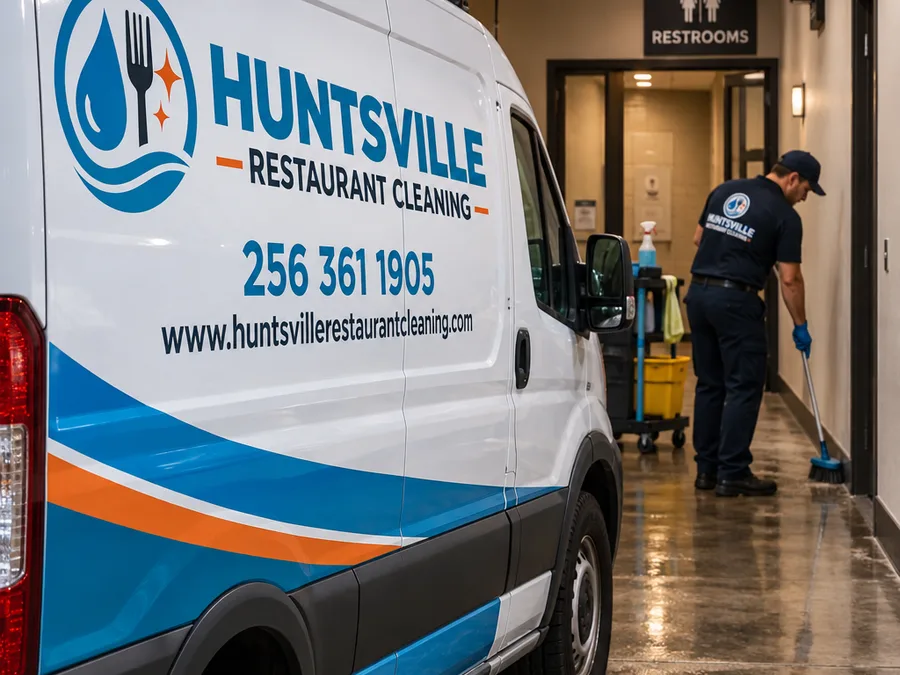 Janitorial team member doing edge work along commercial hallway baseboards after hours