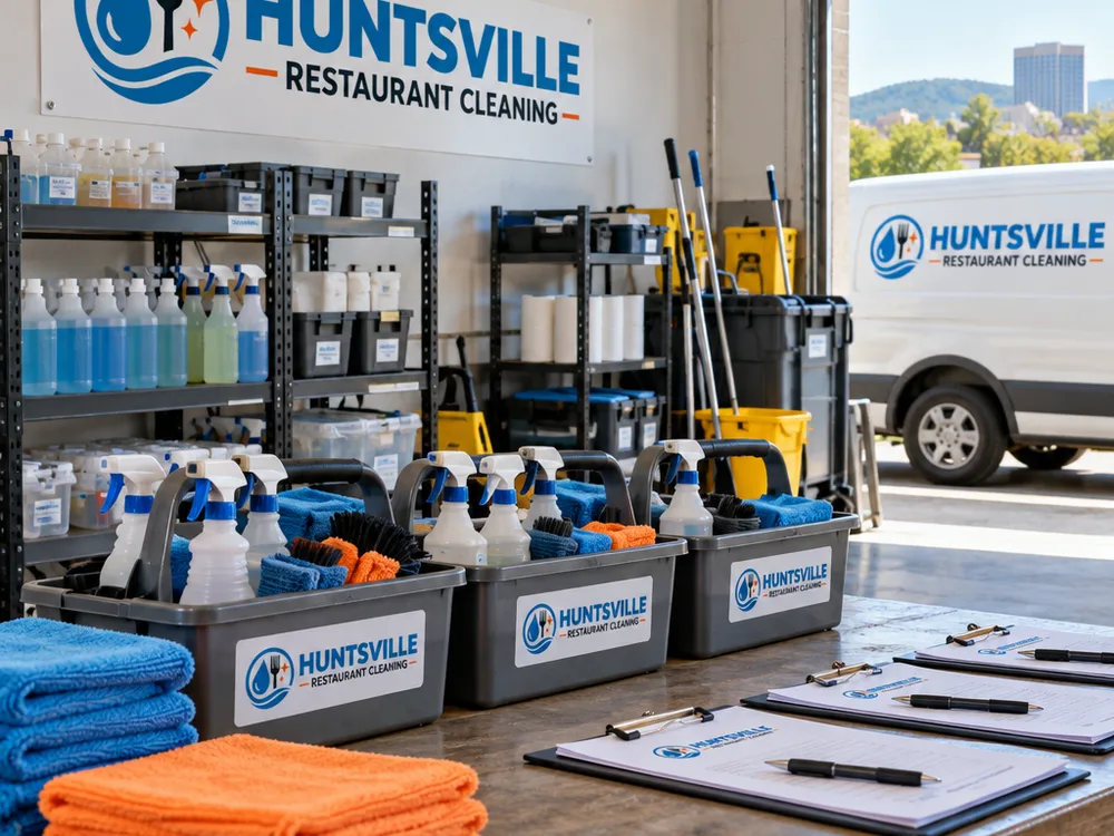 Cleaning crew staging labeled supplies and microfiber kits before a restaurant job